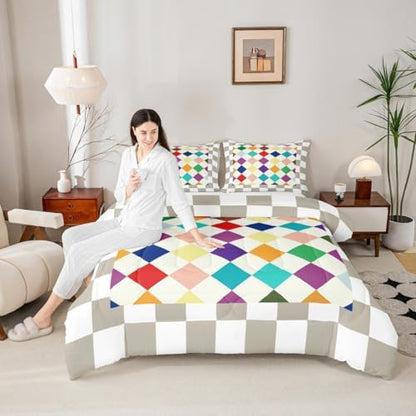 Checkered Geometric Comforter Set All Season Blue Purple Beige Brown Plaid Bedding Set with 2 Pillow Cases Checkerboard Modern Aesthetic Kids King Bedclothes Reversible Grey Bedroom Decor Duvet Quilt