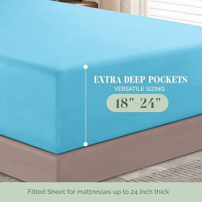 Elegant Comfort 1500 Premium Hotel Quality 18-24 Inches Deep - Extra Deep Pocket Single Fitted Sheet for High Mattress, Luxury and Softest, Smart Pocket - Wrinkle Free, Queen, Aqua Blue