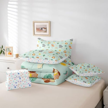 Feelyou Cute Fox Owl 7 Piece Bedding Set Zoo Animal Comforter Set with Sheets for Kids Boys Girls Cute Flower Bed in a Bag Green Orange Bed Set Soft Lightweight
