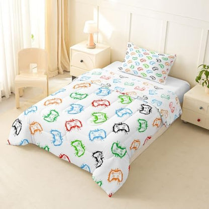 Castle Fairy Gaming Comforter Set,Modern Gamepad Bedding Set Kids Teens Modern Decor,Colorful Graffiti Comforter with 1 Pillowcase for All Seasons,Twin