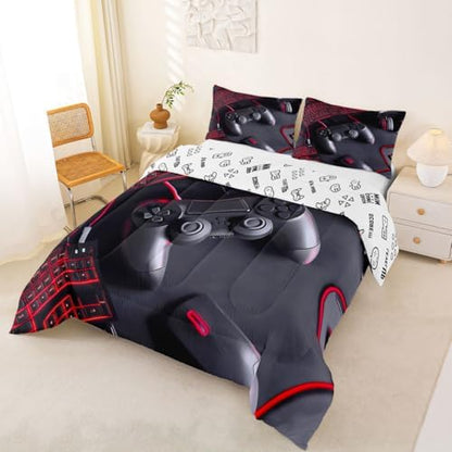 Feelyou Gamer Comforter Set Full Size Gaming Bedding Set for Kids Boys Girls Game Room Decor Duvet Quilt Gamepad Bedroom Decor Red Microfiber 3 Pcs with 2 Pillow Cases