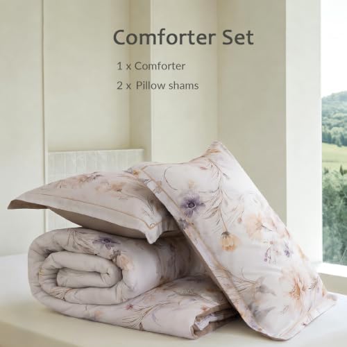 Queen Comforter Set 3 Pieces, 100% Cotton Watercolor Beige Floral Bedding Set for All‑Season, Soft Reversible Comforter with 2 Pillow Shams
