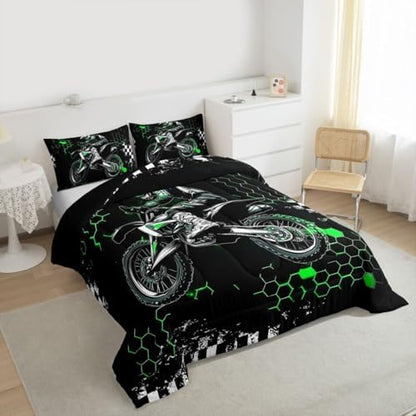Castle Fairy Motocross Bedding Set King Size,Green Honeycomb Ombre Artwork Comforter Set for Adult Women Bedroom,Extreme Sport Game Ultra Soft Bedding Set with 2 Pillowcases,3Pcs
