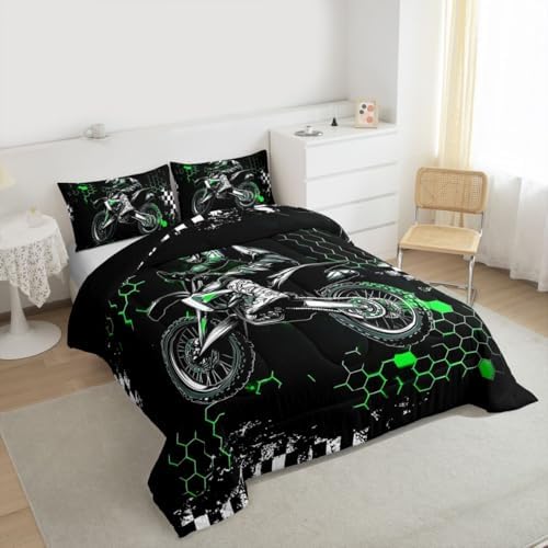 Castle Fairy Motocross Comforter Set Toddler Size,Green Honeycomb Ombre Artwork Bedding Set,Kids Teens Adult Room Decor,Extreme Sport Game Down Comforter,2 Pcs 1 Pillowcase