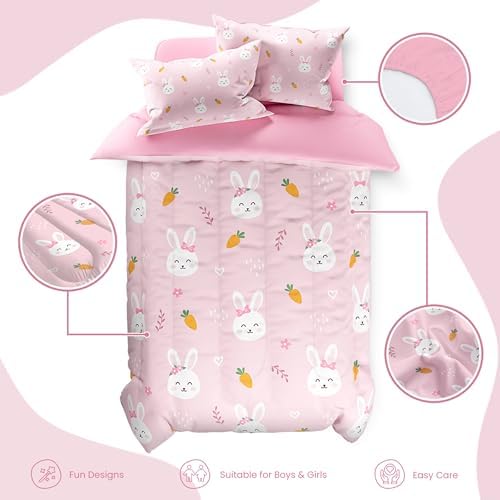 SANDJEST Rabbit Comforter Set Full Size 98x86in for Kids Girls, Microfiber 4 Pcs Bedding Set Includes 1 Comforter, 2 Pillowcases, 1 Fitted Sheet, Nursery Room Decor