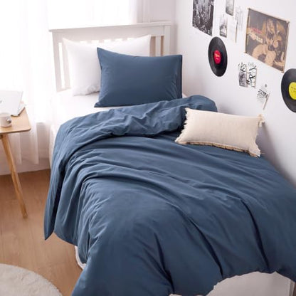 Wake In Cloud - Cotton Duvet Cover Set, 100% Washed Cotton, Linen Like Textured, Breathable Durable Comfy Farmhouse Neutral Bedding Set, 3 Pieces, Dark Blue, Twin/Twin XL Size