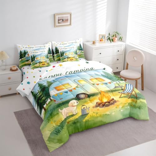 Erosebridal Happy Camping King Comforter Set with Sheets 7 piece Camper Bed in A Bag Travel Trailer RV Adventure Tent Bedding Sets for Kids Adults,Rustic Tree Mountain Bed Set