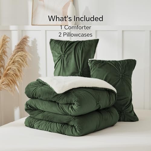 BEDELITE Fluffy Sherpa Queen Comforter Set,Pintuck-Olive Green