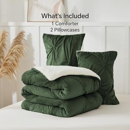 BEDELITE Fluffy Sherpa Queen Comforter Set,Pintuck-Olive Green