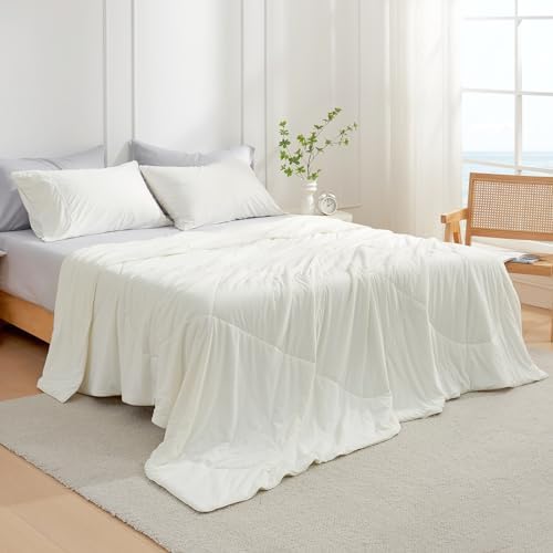 Cozy Bliss Cooling Comforter Twin Size, Cooling Blankets for Hot Sleepers and Night Sweats, Cream Summer Comforter for Twin Size Bed, Breathable Soft Lightweight Silk Smooth