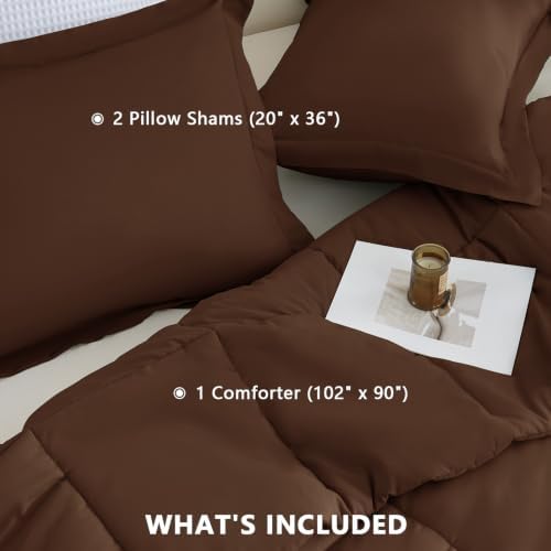 CozyLux King Size Comforter Set, 3-Piece Box-Stitched, Brown