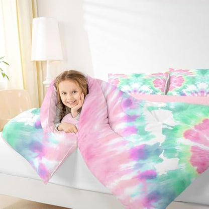Erosebridal Kids Tie Dye Comforter Set, Bohemian Psychedelic Duvet Sets Full Size for Girls Boys Teens Women Bedroom, Boho Gypsy Spiral Bedding Set Watercolor Trippy Duvet Insert, Pink Teal Blue
