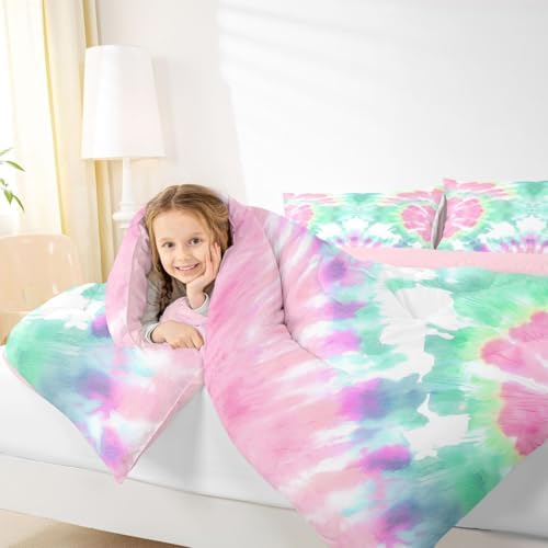 Erosebridal Kids Tie Dye Comforter Set, Bohemian Psychedelic Duvet Sets King Size for Girls Boys Teens Women Bedroom, Boho Gypsy Spiral Bedding Set Watercolor Trippy Duvet Insert, Pink Teal Blue