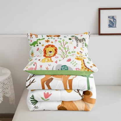 Feelyou Queen Size Cartoon Lions Giraffe Comforter Set Zoo Animals Bedding Set Flamingo Zebra Comforter for Kids Boys Girls Kawaii Animals Duvet Insert 3Pcs