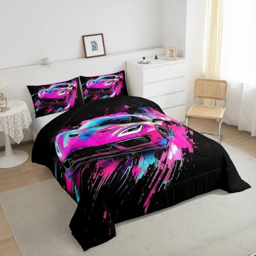 Homewish Cool Sports Car Comforter Set,Race Car Bedding Set for Kids Girls Boys,Teens Adults Extreme Sports Comforter,Racing Theme Quilted Duvet Set Bedroom Collection Twin Size 2Pcs