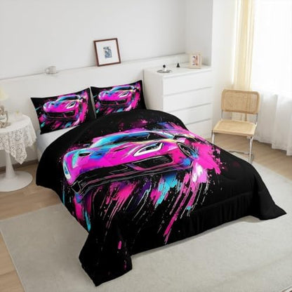 Homewish Cool Sports Car Comforter Set,Race Car Bedding Set for Kids Girls Boys,Teens Adults Extreme Sports Comforter,Racing Theme Quilted Duvet Set Bedroom Collection Twin Size 2Pcs
