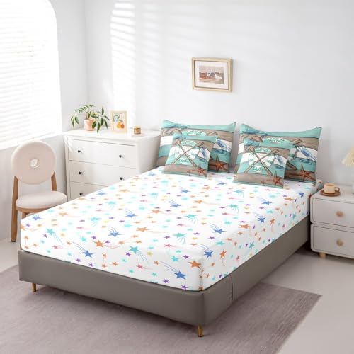 Erosebridal Boat Paddle Bedding Set for Kids Teens,Lake House Comforter Set King Size,Teal Wooden Plank (Comforter+Fitted+Flat Sheet+2 Pillowcases+2 Throw Pillow Covers) 7 Pieces Bed Set