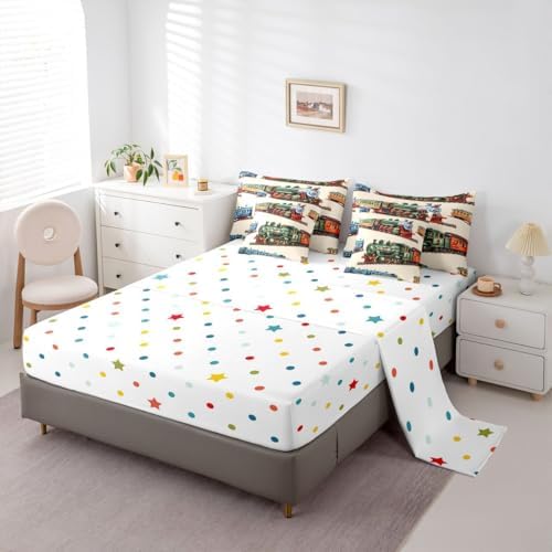 Erosebridal Boys Train Full Comforter Set with Sheets for Home, Vintage Steam Train Bed in A Bag, Steam Engine 7 Pieces Bedding Set, Transportation Vehicle Bed Sets for Kids Teen Men Bedroom
