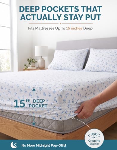 Casa Platino 100% Cotton Sheets Full Size Set - 6 Pieces (1 Flat, 1 Fitted, 4 Pillowcases) - Soft & Breathable Percale Weave - Durable & Cooling Bed Sheets with Deep Pocket - Full Sheet Set - Floralis