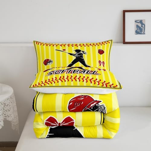 Homewish Teens Softball Player Comforter Set Queen Size,Sports Softball Bedding Set for Kids Boys Girls Bedroom Decoration,Gloves and Hats Bed Duvet Insert,Yellow Red Comforter with 2 Pillowcases