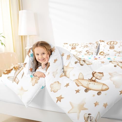 Erosebridal Kids Aircraft Comforter Set Full, Cartoon Airplane Bedding Set, Hot Air Balloon Star Cloud Quilt, Cute Monkey Lion Wildlife Comforter for Boys Girls Teens Adults Bedroom