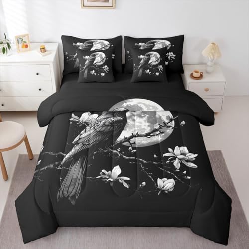 Erosebridal Vintage Raven 7 Piece Bedding Set Twin Gothic Moon Comforter Set with Sheets Dark Black Bird Bed in a Bag Mysterious Florals Horror Wild Animal Bed Sets Comforter