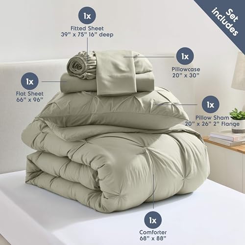 Nestl 7 Piece Twin Comforter Set – Light Sage Pinch Pleated Bed in a Bag – Complete Twin Size Bedding Set with Sheets, Set of 2 Cooling Pillows, Pillowcase and Sham