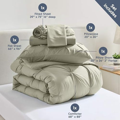 Nestl 7 Piece Twin Comforter Set – Light Sage Pinch Pleated Bed in a Bag – Complete Twin Size Bedding Set with Sheets, Set of 2 Cooling Pillows, Pillowcase and Sham