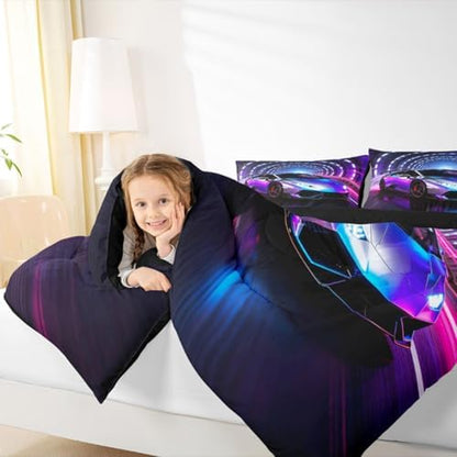 Feelyou Boys Race Car Comforter Set All Season Sports Racing Car Bedding Set with 2 Pillow Cases Purple Racing Extreme Sports Kids King Bedclothes Bedroom Decor Duvet Quilt Breathable Soft Lightweight