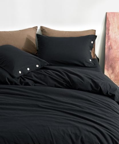 JELLYMONI 100% Washed Cotton Black Duvet Cover King, Linen-Like
