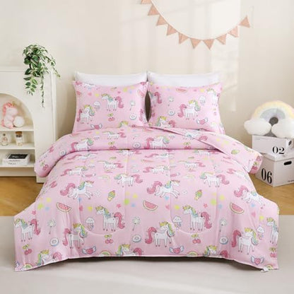 Yibeizi Pink Unicorn Bed Comforter Set for Girls Twin Size Bedding