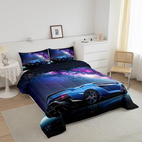 Feelyou Galaxy Car Comforter Set Blue Race Car Bedding Set for Kids Boys Girls Teens Universe Starry Sky Sports Car Comforter Extreme Sports Theme Design Quilt Set Room Decor 3Pcs Full Size