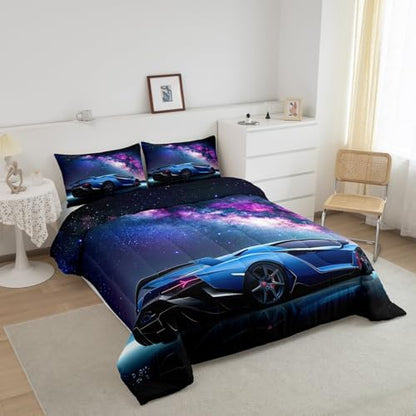 Feelyou Galaxy Car Comforter Set Blue Race Car Bedding Set for Kids Boys Girls Teens Universe Starry Sky Sports Car Comforter Extreme Sports Theme Design Quilt Set Room Decor 3Pcs Full Size