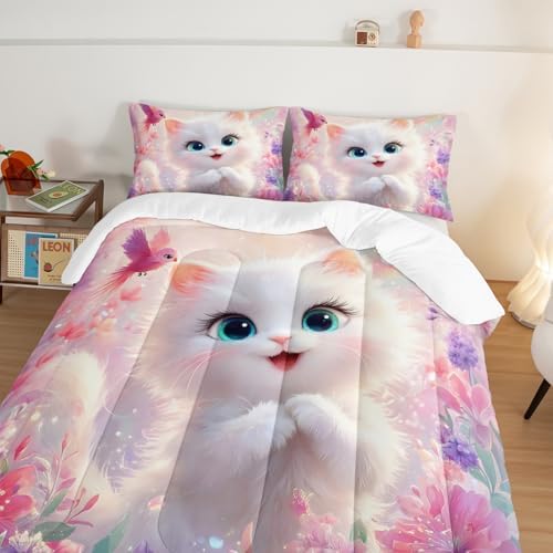 Kids Pink Cats Bedding Set Twin Size with 2 Pillowcases.