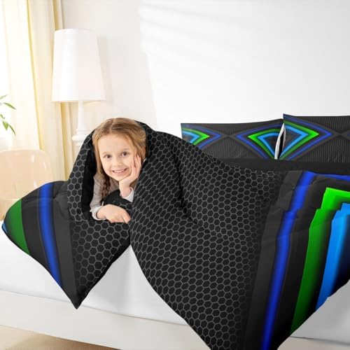Geometric Comforter Set,Blue and Black Bedding Set for Kids Girls Women,Adults Modern Hexagon Comforter,Fashion Quilted Duvet Set Bedroom Collection Twin Size 2Pcs