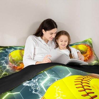 Erosebridal Softball Bedding Set Softball Gifts for Girls, Neon Honeycomb Comforter Set Queen Size, Geometric Hexagon Gradient Quilt Sports Games Ice and Fire Duvet Insert for Boys Teens, Yellow