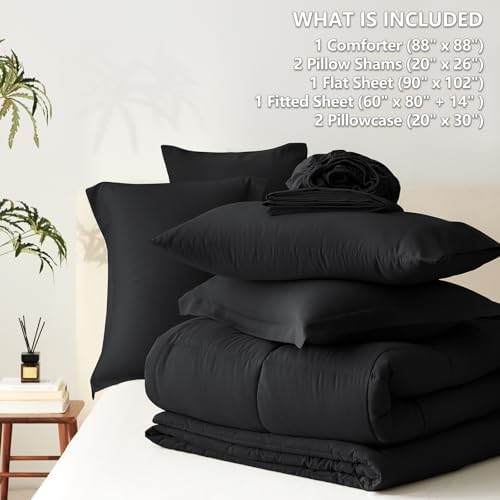 CozyLux Queen Comforter Set Black - 7 Pieces Bed in a Bag Queen, All Season Soft Bedding Set, Oeko-Tex Certified Bed Set with Down Alternative Comforter, Sheets, Pillowcases & Pillow Shams (Pack of 2)