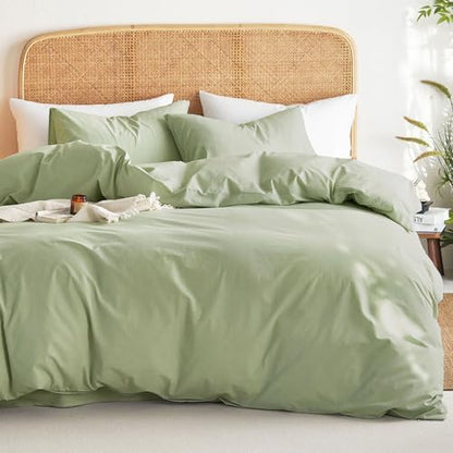 Wake In Cloud - Cotton Duvet Cover Set, 100% Washed Cotton, Linen Like Textured, Breathable Durable Comfy Farmhouse Neutral Bedding Set, 3 Pieces, Sage Green, Twin/Twin XL Size