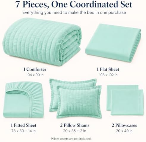 CozyLux King Size Comforter Set 7 Pieces Mint Green Seersucker Bed in a Bag