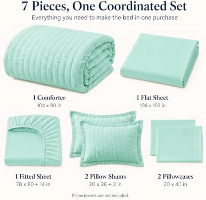 CozyLux King Size Comforter Set 7 Pieces Mint Green Seersucker Bed in a Bag