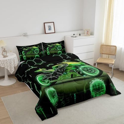 Feelyou Kids Dirt Bike Comforter Set,Extreme Sports Motocross Bedding Set Toddler Size,Boys Bedroom Room Decor,Green Neon Honeycomb Racing Motocross Comforter,Motorcycle Teens Bed Set for All Season