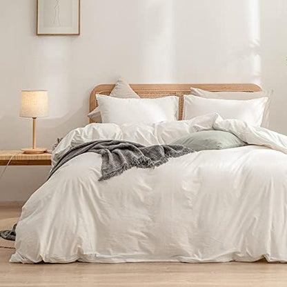 BESTOUCH Cotton Solid Duvet Cover Set Linen Feel Off White Super Queen