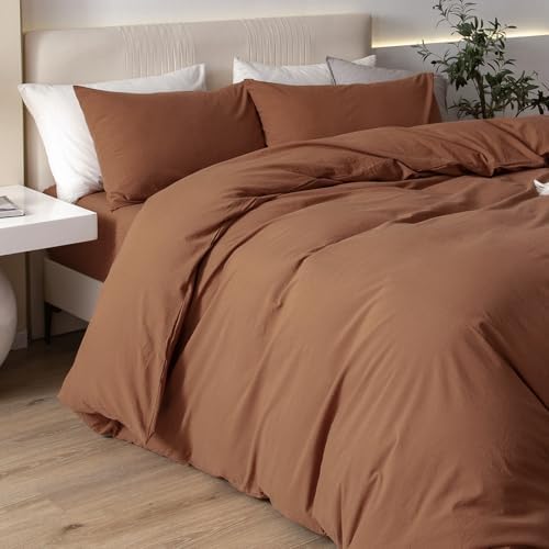 JIYUAN Queen Washed Cotton Duvet Cover Set, 3-Piece, Relaxed Linen Feel