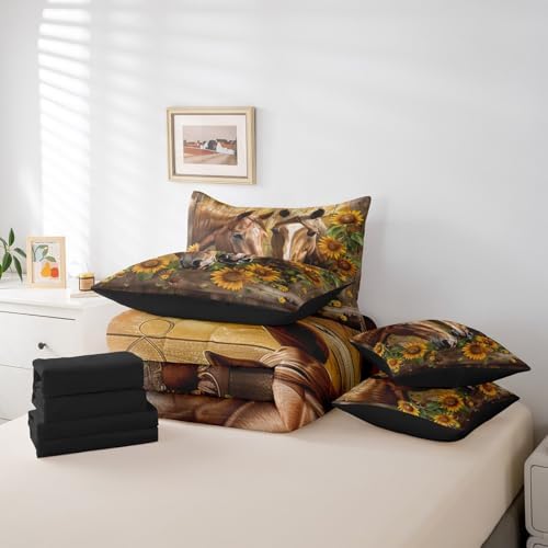 Erosebridal Horse Bedding Set Full,Horse Sunflower Floral Comforter Set,Vintage Wooden Board(Comforter+Fitted+Flat Sheet+2 Pillowcases+2 Throw Pillow Covers) 7 Pieces Western Rustic Farmhouse Bed Set