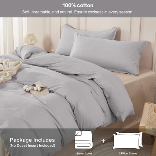 SAPHREAS 100% Washed Cotton Duvet Cover Queen Size Set, Linen Like Comforter Cover with Zipper Closure & Corner Ties (No Comforter), 90x90 Light Grey