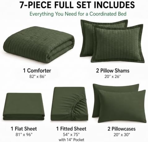 HIMEET Full Comforter Sets, 7-Piece Seersucker Bed in a Bag, Olive Green