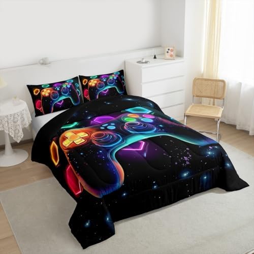 Game Consoles Gamer Bedding Set King Gamer Gifts,Gaming Comforter Sets for Boys Space Glow Geometric Kids Comforter Sets Boys Red Green Blue Teal,Gaming Decor for Bedroom