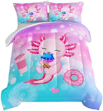 HOSIMA Axolotl Twin Comforter Set Cute Animal Bedding Room Decor for Teen Girls Dessert Milk Tea Donut Bed Princess Toddler Bedding Set Fantasy Blue Purple Twin Bed in a Bag Sets for Adults Teens.