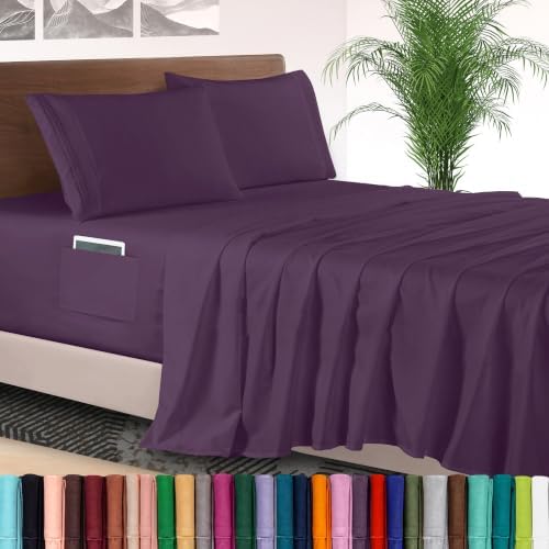 Elegant Comfort 4-Piece Bed Sheet Set - Luxury Bedding 1500 Premium Hotel Quality Microfiber, All Around Elastic 18-24 Inches Deep Fitted Sheet- Extra Deep Pocket Sheets, King, Plum Purple