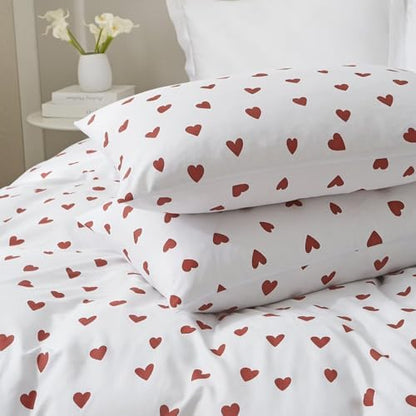 Mucalis Red Heart Duvet Cover King White Duvet Cover 100% Cotton Cute Love Heart 3 Piece Patterned Bedding Set with Zipper Closure Corner Ties,Durable,Soft,Breathable,Easy Care